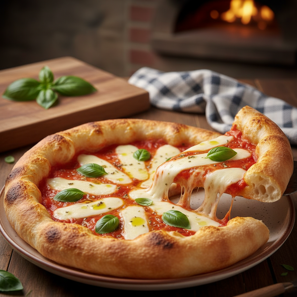 Pizza casera con masa esponjosa y ingredientes frescos preparada con Mambo de Cecotec.