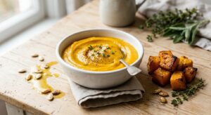 Puré suave de butternut asado en un cuenco, ideal para la alimentación de bebés, preparado con Mambo.