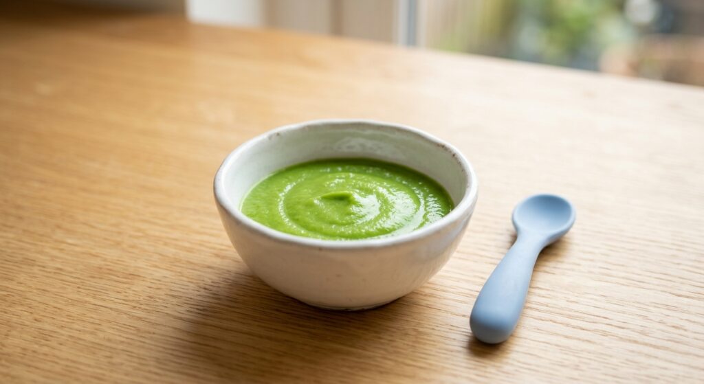Puré de guisantes verde suave en un plato blanco, preparado con Mambo de Cecotec.