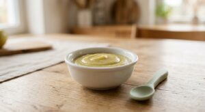 Puré verde suave de puerro y manzana en un bol, preparado con Mambo de Cecotec.