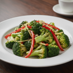 Brócoli salteado al estilo asiático hecho con Mambo Cecotec, servido en un plato decorado con semillas de sésamo.