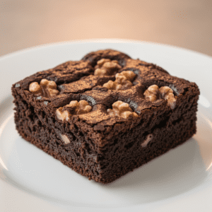 Brownie de chocolate con nueces, preparado con el robot de cocina Mambo de Cecotec, servido en un plato rústico.