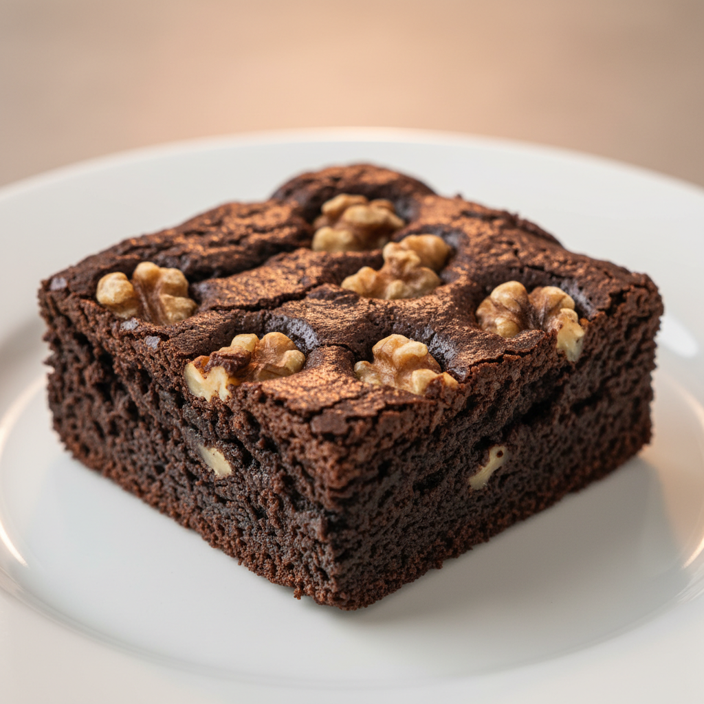 Brownie de chocolate con nueces, preparado con el robot de cocina Mambo de Cecotec, servido en un plato rústico.