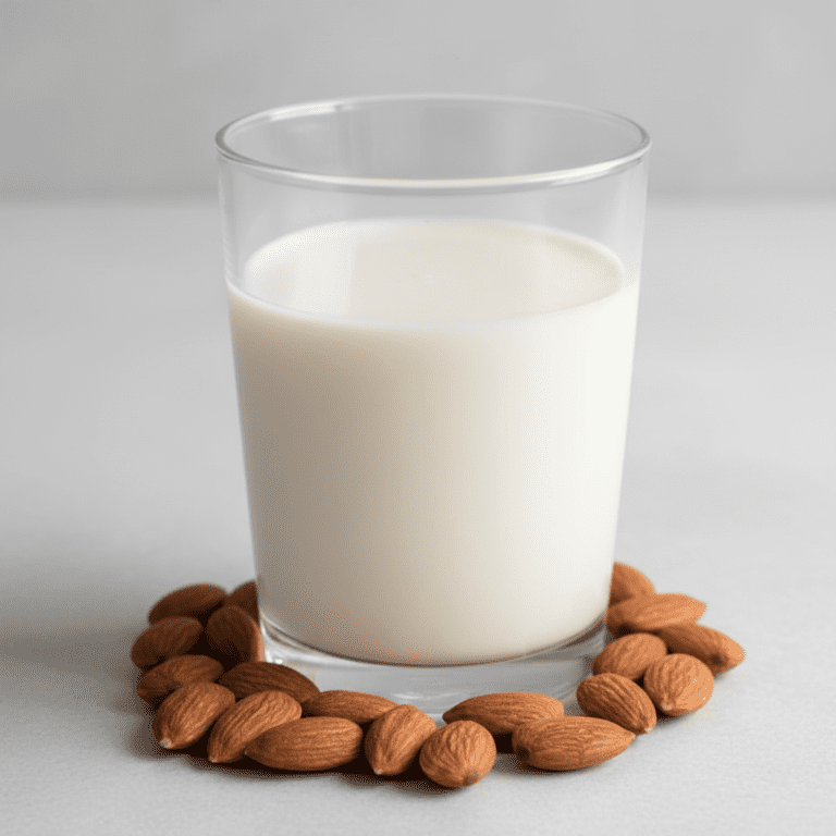 Jarra de leche de almendras casera junto a almendras enteras, preparada con el robot Mambo de Cecotec.