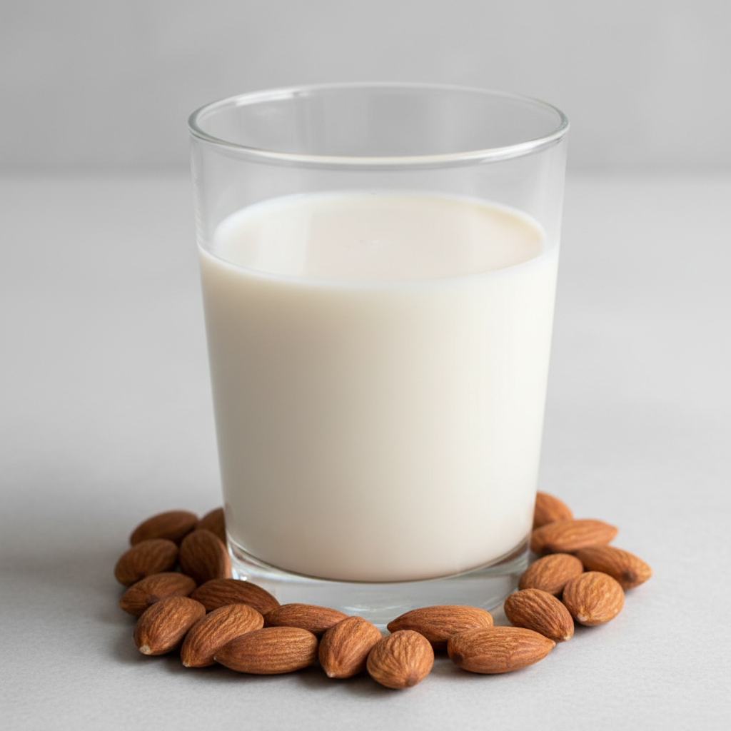 Jarra de leche de almendras casera junto a almendras enteras, preparada con el robot Mambo de Cecotec.