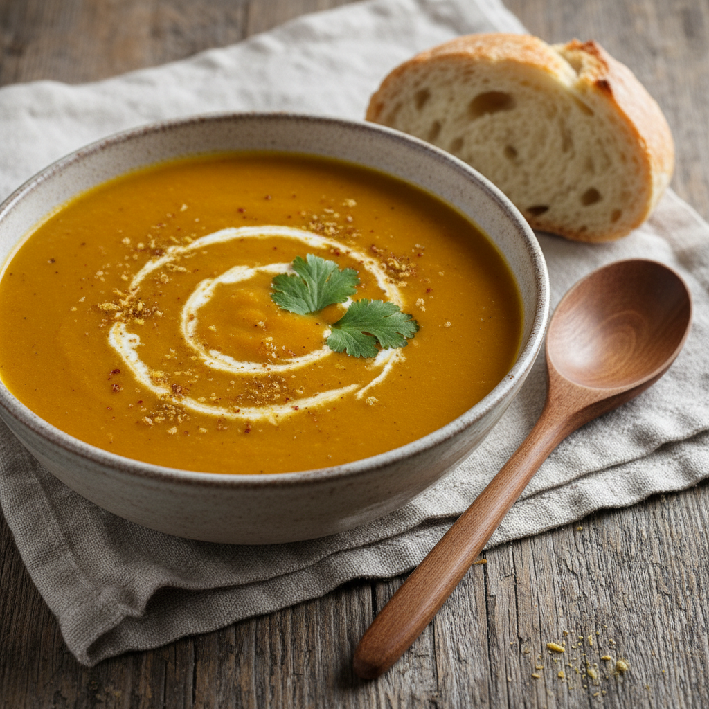 Crema de zanahoria especiada en un tazón blanco, preparada con Mambo de Cecotec, adornada con crema y cilantro.