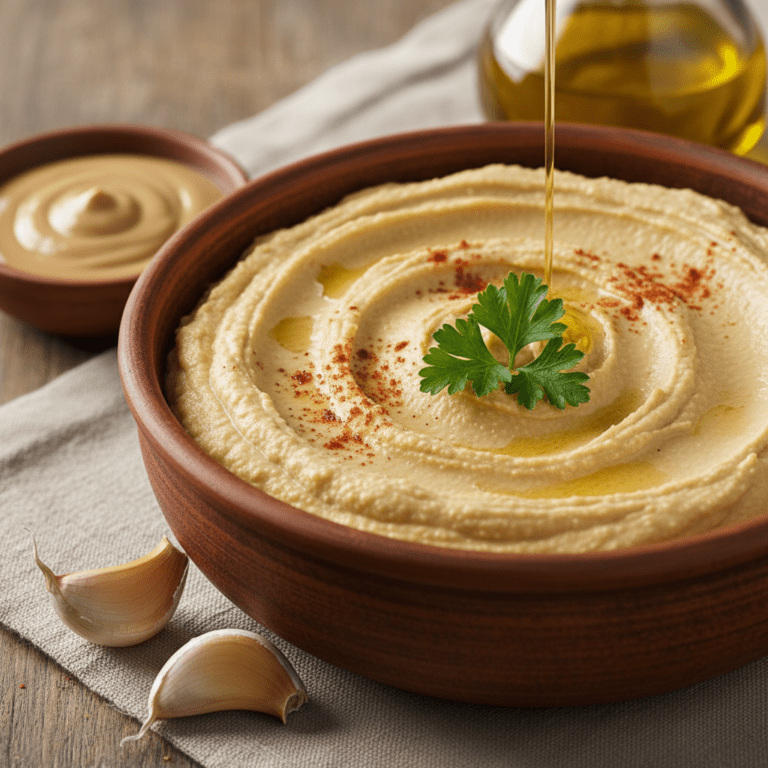 Hummus cremoso preparado en el robot Mambo de Cecotec, decorado con pimentón y perejil.