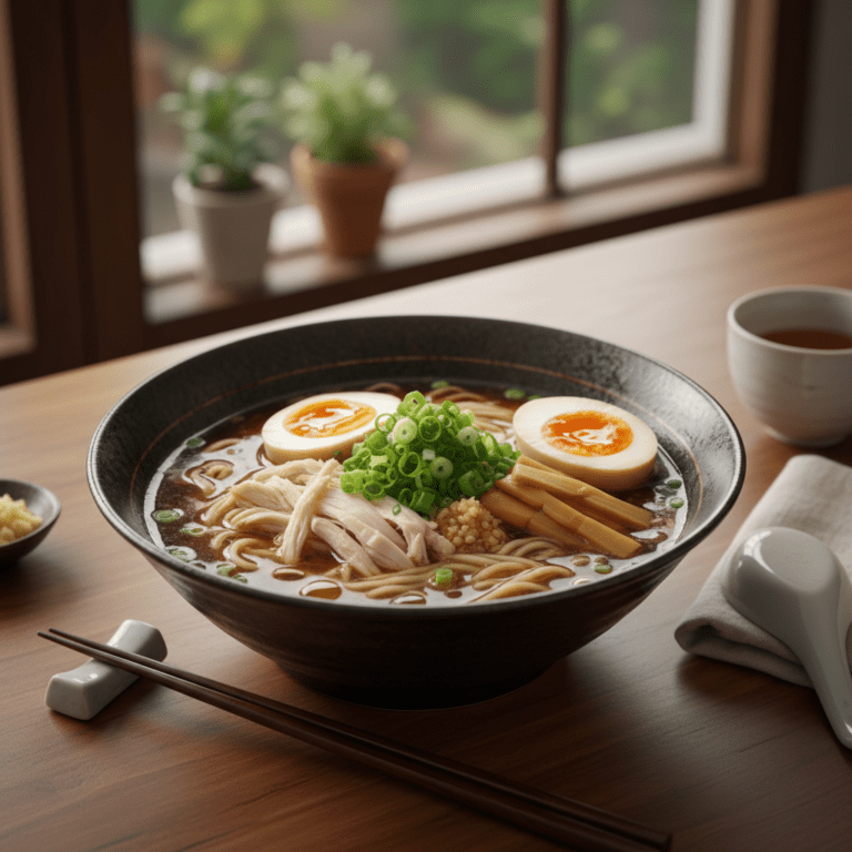 Bowl de ramen de pollo con ingredientes frescos y caldo humeante, preparado con Mambo Cecotec.