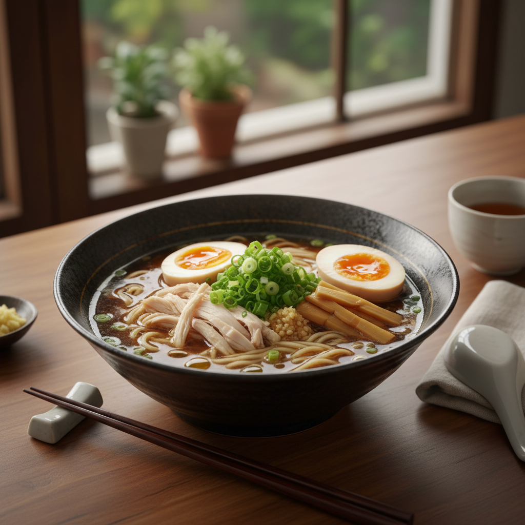 Bowl de ramen de pollo con ingredientes frescos y caldo humeante, preparado con Mambo Cecotec.