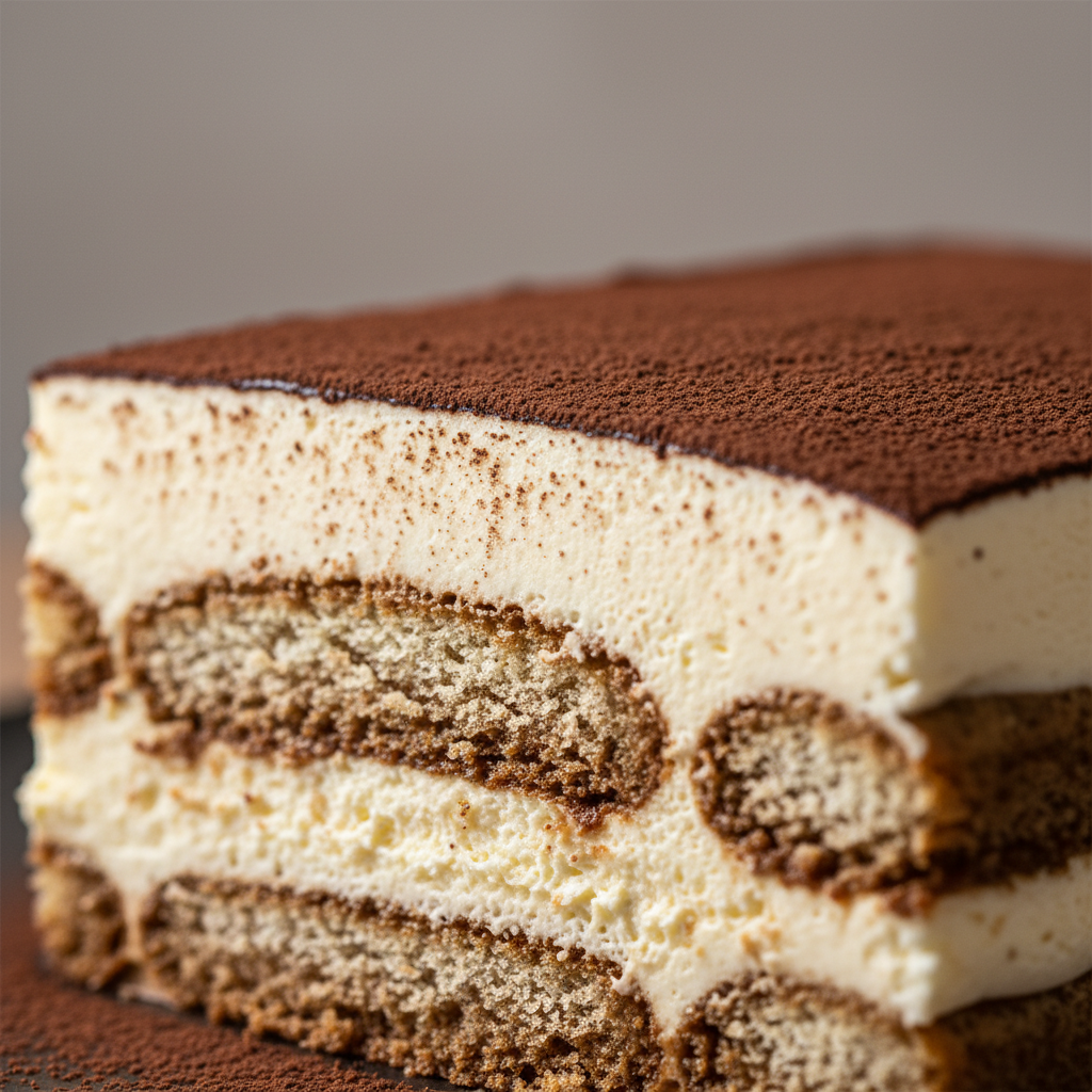 Capas de mascarpone y bizcochos de soletilla en un tiramisú, preparado con un Mambo de Cecotec.