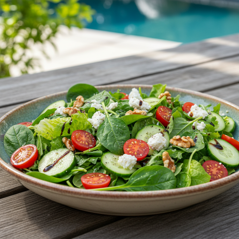 Ensalada de verano con mix de hojas verdes, tomates cherry, queso feta y nueces, preparada con Mambo de Cecotec.