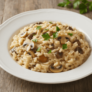 Plato de risotto de setas cremoso preparado en Mambo Cecotec, con setas visibles y espolvoreado con queso parmesano.