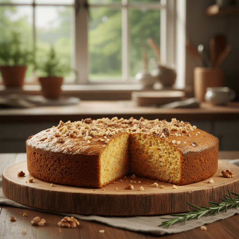 Imagen de tarta de zanahoria suave y esponjosa hecha con Mambo, con glaseado de queso crema y decorada con zanahoria rallada y nueces.