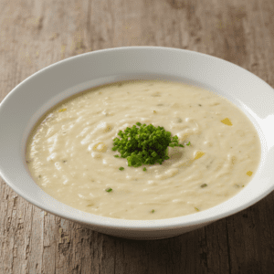 Tazón de vichyssoise ligera decorada con cebollino, preparada con Mambo de Cecotec.