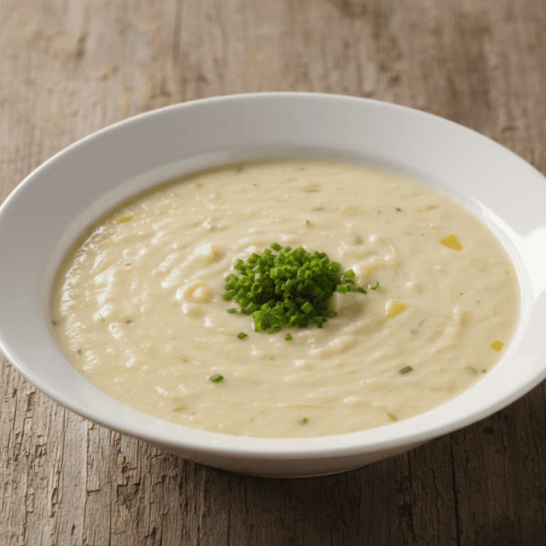 Tazón de vichyssoise ligera decorada con cebollino, preparada con Mambo de Cecotec.