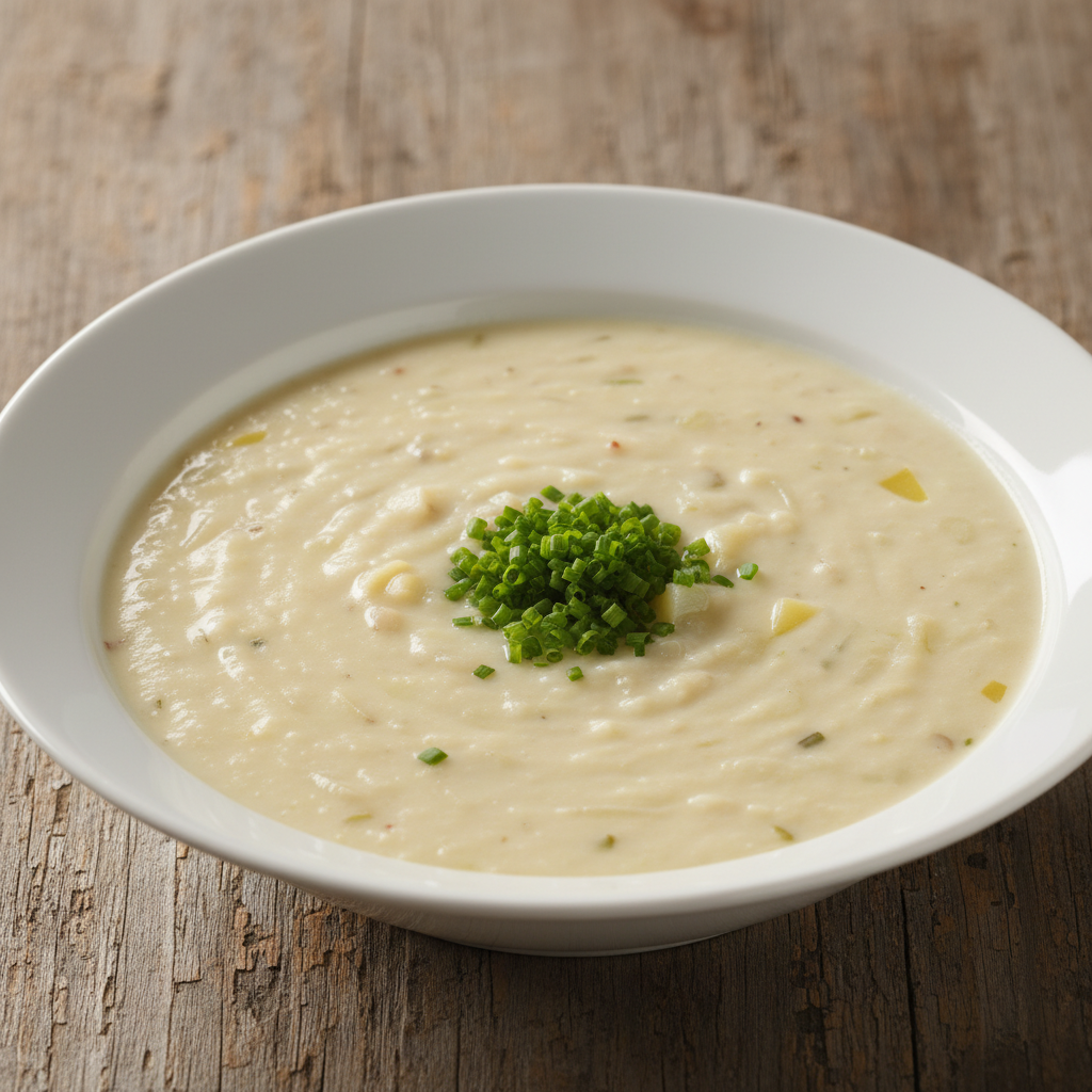 Tazón de vichyssoise ligera decorada con cebollino, preparada con Mambo de Cecotec.
