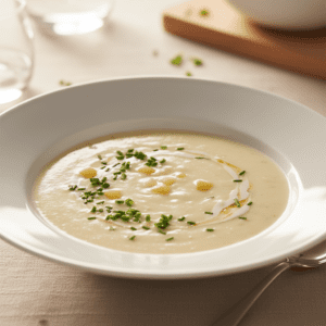 Bol de vichyssoise cremosa con cebollino, preparada con Mambo de Cecotec, sobre mesa de madera.