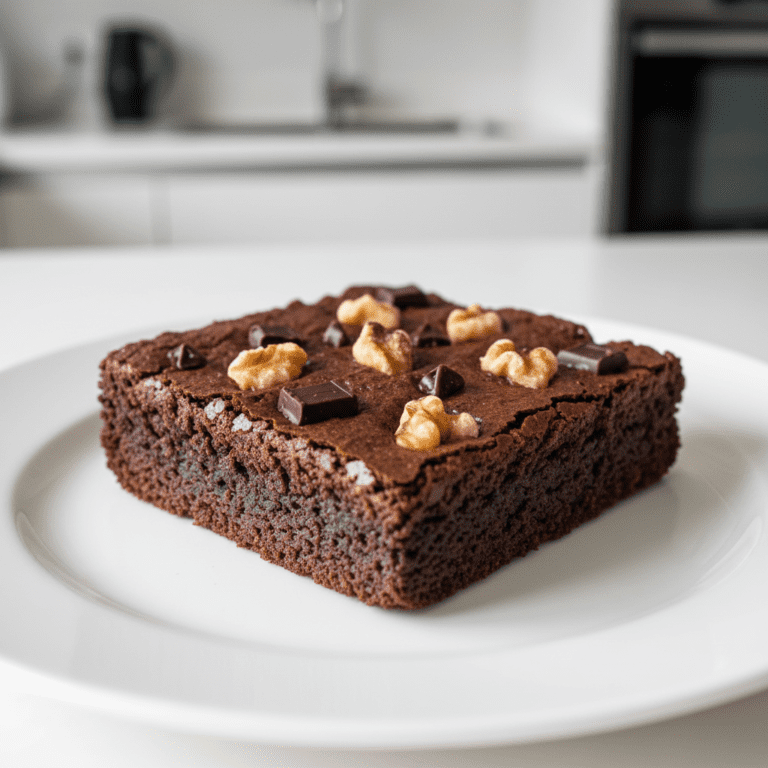 Brownie de chocolate húmedo y denso hecho en un robot Mambo Cecotec, con trozos de nuez y una superficie brillante.