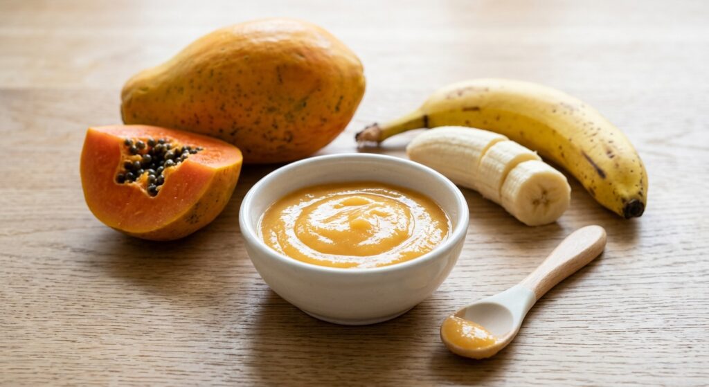 Compota de papaya y plátano en un bol, perfecta para bebés, preparada con Mambo de Cecotec.