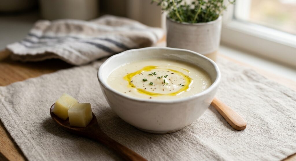 Imagen de crema de nabo y patata para bebés, cocinada suavemente con Mambo de Cecotec.