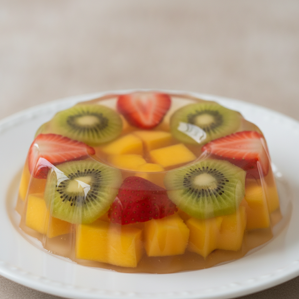 Gelatina de múltiples frutas en un plato, hecha con Mambo de Cecotec.