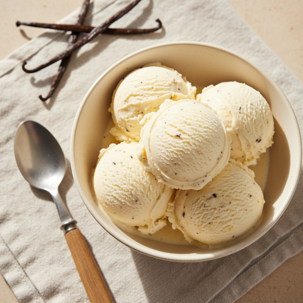Helado de vainilla cremoso preparado en un robot Mambo de Cecotec, servido en un cuenco con una vaina de vainilla al lado.