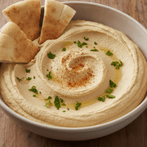 Plato de hummus cremoso con pimentón y perejil, hecho en Mambo de Cecotec.