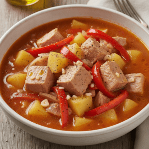 Bowl de marmitako con atún y patatas, cocinado en el robot Mambo de Cecotec.