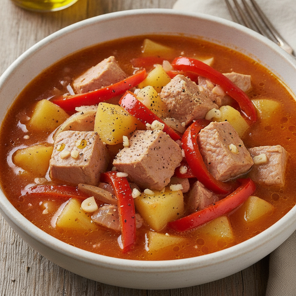 Bowl de marmitako con atún y patatas, cocinado en el robot Mambo de Cecotec.