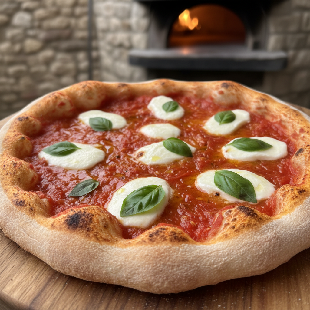 Pizza napolitana con borde aireado y toppings frescos, hecha con Mambo según la receta mambo masa pizza.