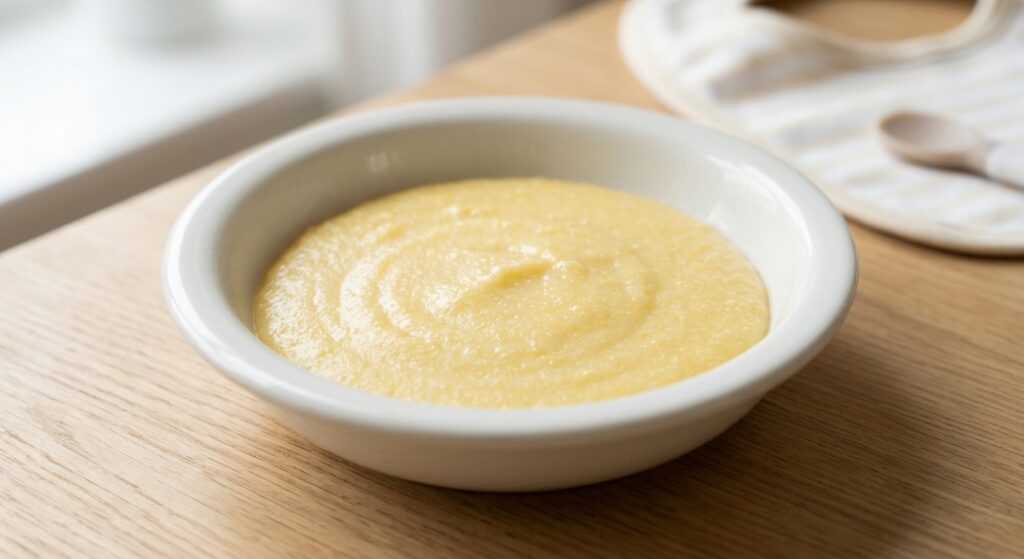 Bol de polenta suave para bebés cocinada con Mambo de Cecotec, sobre mesa de madera.