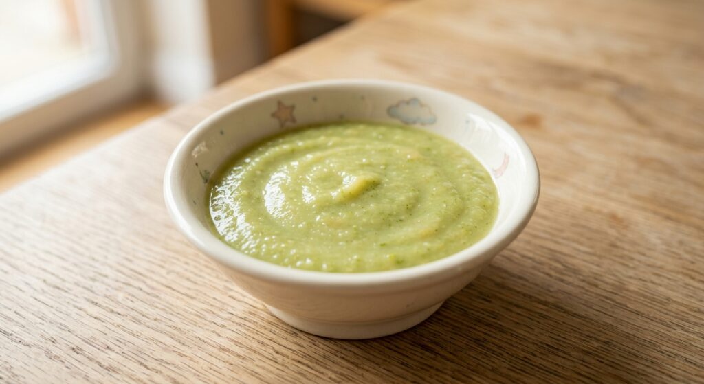 Puré de judía verde y pera en un tazón de bebé, preparado con Mambo.
