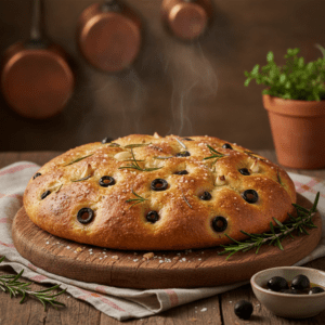 Focaccia dorada con romero, aceitunas y sal gruesa, preparada con el robot Mambo Cecotec.