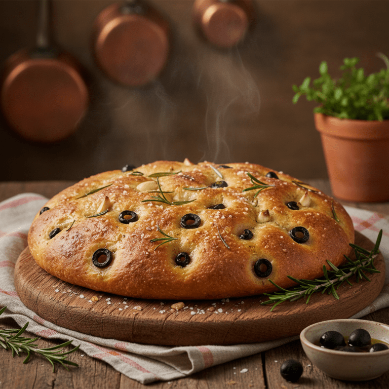 Focaccia dorada con romero, aceitunas y sal gruesa, preparada con el robot Mambo Cecotec.