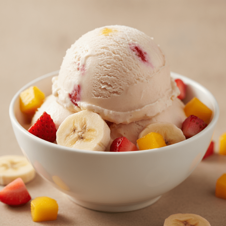 Cuenco de helado de frutas casero, hecho con Mambo de Cecotec, con fresas, plátanos y mangos.