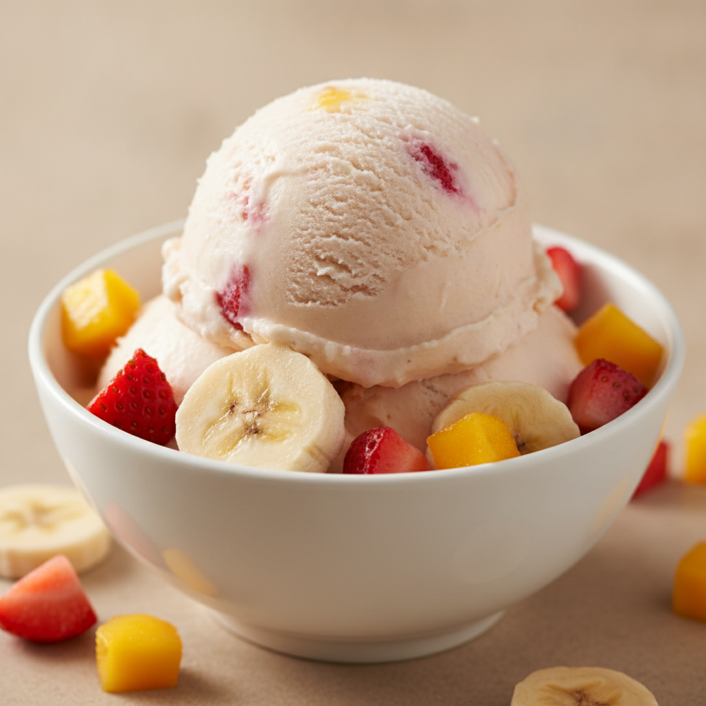 Cuenco de helado de frutas casero, hecho con Mambo de Cecotec, con fresas, plátanos y mangos.