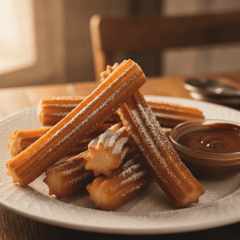 Churros crujientes hechos con receta masa churros Mambo, servidos con un toque de azúcar y chocolate caliente.
