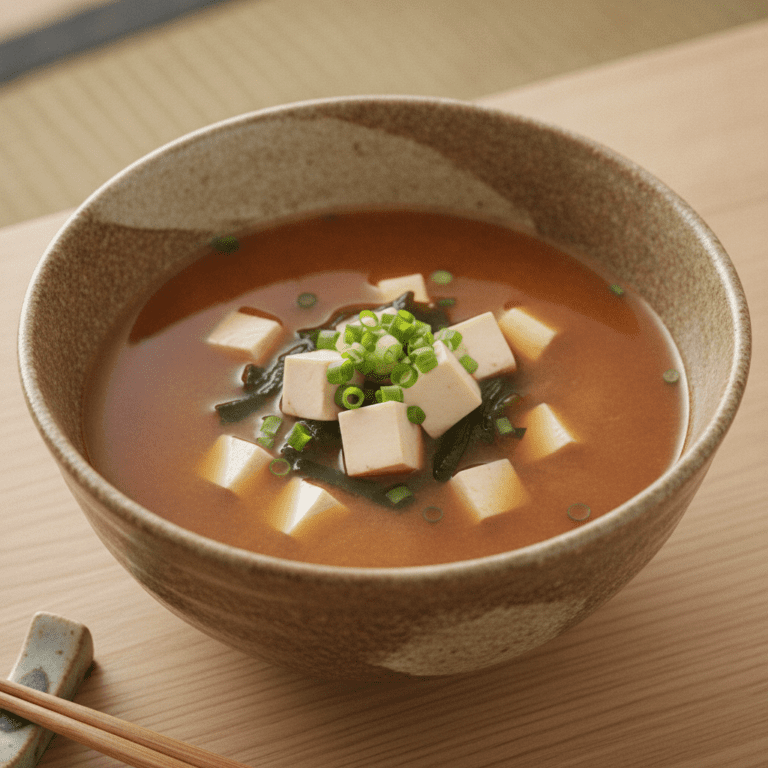 Sopa de miso en cuenco con tofu, alga nori y cebolla, preparada con Mambo Cecotec.