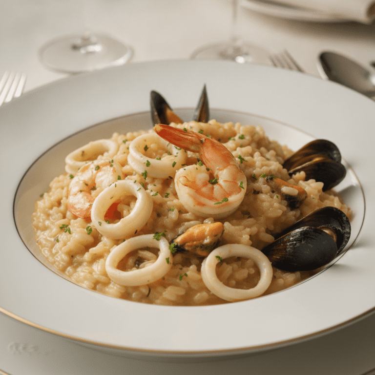 Delicioso risotto de marisco en Mambo, cremoso y lleno de color con toques de verde perejil.