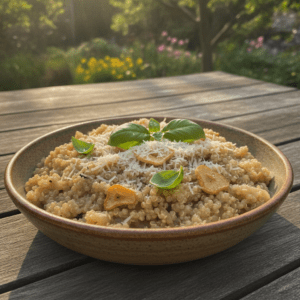 Risotto de quinoa cocinado en un Mambo de Cecotec, con queso parmesano y hierbas frescas.