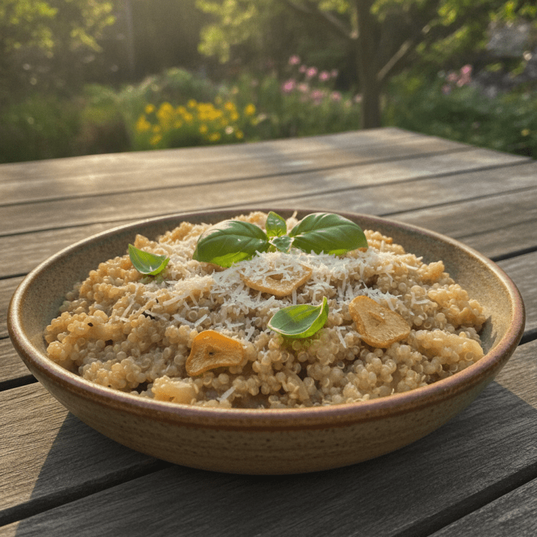 Risotto de quinoa cocinado en un Mambo de Cecotec, con queso parmesano y hierbas frescas.
