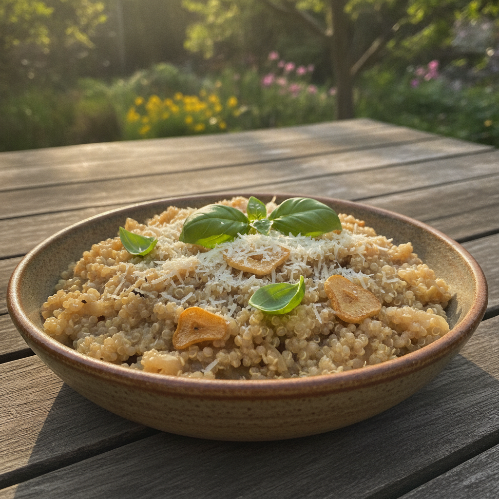 Risotto de quinoa cocinado en un Mambo de Cecotec, con queso parmesano y hierbas frescas.