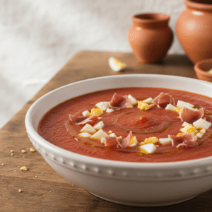 Un cuenco de salmorejo rojo y cremoso, preparado con el Mambo de Cecotec, adornado con huevo y jamón.