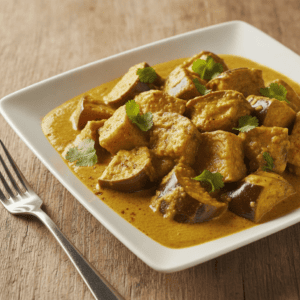 Una foto de berenjenas al curry servidas en un bol, preparadas con el robot Mambo de Cecotec, adornadas con coriander fresco.
