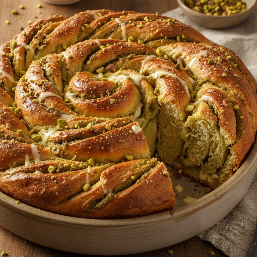 Brioche esponjoso con relleno verde de pistacho y trozos de chocolate blanco, preparado con Mambo de Cecotec.