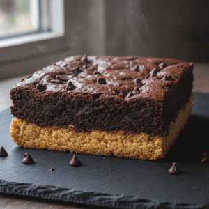 Brookie de chocolate y galleta con capas crujientes y suaves.
