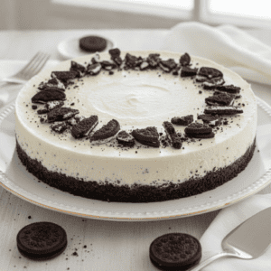 Cheesecake oreo sin horno en una mesa con decoración de galletas Oreo, preparado con Mambo de Cecotec.