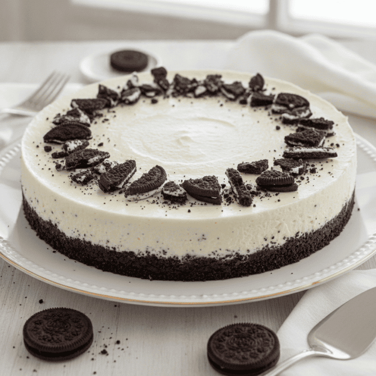 Cheesecake oreo sin horno en una mesa con decoración de galletas Oreo, preparado con Mambo de Cecotec.