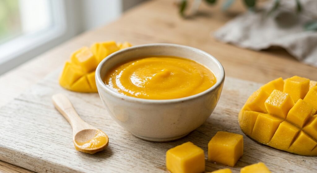 Compota de mango para bebés, hecha en Mambo, con textura suave y color amarillo.