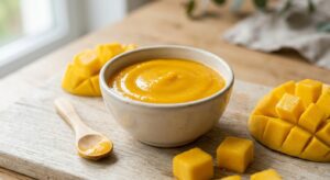 Compota de mango para bebés, hecha en Mambo, con textura suave y color amarillo.